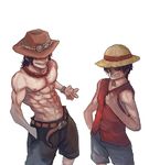  2boys black_hair brother brothers fighting_stance hat hat_over_eyes jewelry male male_focus monkey_d_luffy multiple_boys muscle necklace one_piece portgas_d_ace shorts siblings simple_background smile straw_hat topless vest 