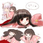  :3 anger_vein black_hair bow child closed_eyes directional_arrow fujiwara_no_mokou hair_bow houraisan_kaguya kinako_(nurupoga) long_hair multiple_girls red_eyes ribbon sleeping touhou white_hair younger 