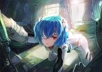  ayanami_rei bad_id bad_pixiv_id bandage_over_one_eye bed blue_hair bodysuit hair_ornament hospital_bed intravenous_drip neon_genesis_evangelion pillow plugsuit red_eyes short_hair solo sunlight white_bodysuit zhuxiao517 