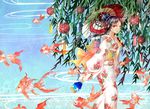  bad_id bad_pixiv_id blue_eyes fish flock flying_fish goldfish hair_bun hair_ornament hairclip japanese_clothes jpeg_artifacts kimono leaf long_hair nekozuki_yuki obi oriental_umbrella original red_eyes sash sidelocks solo surreal umbrella wind_chime 