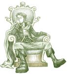  1boy boots chair chin_rest crown earrings green_hair hand_rest haramaki jacket jewelry leaning male male_focus monochrome muscle one_piece open_clothes open_shirt roronoa_zoro scar scarf shirt simple_background sitting solo syb throne 