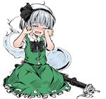  ahoge bad_id bad_pixiv_id black_hairband blue_eyes blush crying crying_with_eyes_open hair_ribbon hairband konpaku_youmu konpaku_youmu_(ghost) kuroda_(kuro_yyy) one_eye_closed open_mouth ribbon sheath short_hair silver_hair simple_background sitting skirt solo sword tears touhou weapon white_background wiping_tears 
