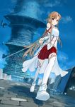  aincrad armor asuna_(sao) belt boots brown_eyes brown_hair chitose_shuusui cloud long_hair long_legs skirt sky solo sword sword_art_online thighhighs tower weapon 