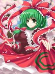  arm_ribbon bow breasts cherry_blossoms dress frills front_ponytail green_eyes green_hair hair_bow hair_ornament hair_ribbon highres impossible_clothes kagiyama_hina kurowana large_breasts long_hair looking_at_viewer red_dress ribbon skirt_hold smile solo touhou 