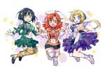  3girls black_hair blonde_hair blue_eyes boots chibi dress festenia_muse green_eyes hand_holding holding jacket jumping katia_grineal long_hair melua_melna_meia multiple_girls orange_eyes ponytail red_hair shirakawa_(whitemist) short_hair skirt sleeveless smile super_robot_wars super_robot_wars_judgement super_robot_wars_og_moon_dwellers super_robot_wars_original_generation thigh_boots thighhighs 