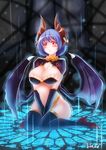  1girl blue_hair breasts demon_girl female heels high_heels horns large_breasts legs magic_circle navel original qblade red_eyes shoes short_hair sitting solo succubus thighhighs thighs wings 