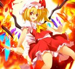  ascot blonde_hair bow crystal fang flandre_scarlet hat hat_bow laevatein open_mouth puffy_sleeves red_eyes short_hair short_sleeves side_ponytail solo touhou wings zb 