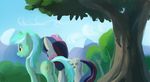  couple cutie_mark equine female feral friendship_is_magic hair horn horse lyra_(mlp) lyra_heartstrings_(mlp) mammal mountain my_little_pony outside pony raikoh-illust tree two_tone_hair unicorn wood yellow_eyes 