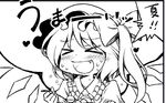  &gt;_&lt; blush bow closed_eyes fang flandre_scarlet food greyscale hair_bow hat heart honda_(mtp) monochrome open_mouth short_hair side_ponytail solo spoon touhou wings 