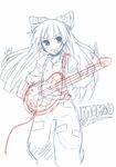  bow character_name fujiwara_no_mokou grin guitar hair_bow instrument lockheart long_hair simple_background smile solo touhou very_long_hair white_background 