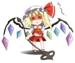  ascot bad_id bad_pixiv_id blonde_hair collarbone flandre_scarlet hat hat_ribbon laevatein navel open_mouth puffy_sleeves red_eyes ribbon short_hair short_sleeves side_ponytail slit_pupils solo touhou wakame_mi weapon white_background wings 