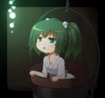  blush bucket collarbone curious green_eyes green_hair hair_bobbles hair_ornament in_bucket in_container kagesaki-ice kisume long_sleeves open_mouth short_hair solo touhou twintails wooden_bucket 