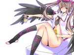  bird_wings black_wings bottomless brown_hair cellphone collarbone fingernails glass hat highres himekaidou_hatate juice long_fingernails long_hair nail_polish necktie no_bra outstretched_arms phone puffy_sleeves purple_eyes short_sleeves smile solo touhou tp65pxu4 twintails white_background wings 