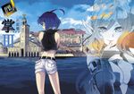  ahoge bare_shoulders blue_hair boat braid bridal_gauntlets cityscape cleavage_cutout detached_sleeves highres multiple_girls original pointy_ears short_shorts shorts soyah vest water watercraft 