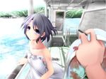  bangs bare_shoulders black_hair boat dress eyebrows_visible_through_hair holding holding_shoes kiki_(koikuchikinako) looking_at_viewer original out_of_frame pov pov_hands purple_eyes shoes short_hair solo_focus strapless strapless_dress water watercraft 