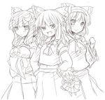  alice_margatroid ascot blush cowboy_shot fairy flying hakurei_reimu hands_on_hips lockheart long_hair looking_at_viewer monochrome multiple_girls no_nose open_mouth patchouli_knowledge shanghai_doll short_hair simple_background sketch smile touhou vest white_background 