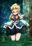  bad_id bad_pixiv_id blonde_hair breasts detached_sleeves fingernails green_eyes highres long_fingernails medium_breasts mizuhashi_parsee ootsuki_wataru pointy_ears ponytail scarf sharp_fingernails short_hair short_sleeves skirt skirt_lift solo touhou wading 