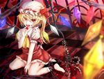  ascot bad_id bad_pixiv_id blonde_hair chain crystal cuffs flandre_scarlet hat hat_ribbon kneeling laevatein open_mouth puffy_sleeves red_eyes ribbon short_hair short_sleeves side_ponytail solo tongue touhou wakame_mi wings 