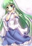  amane_ruri blush breasts cleavage collarbone detached_sleeves frog_hair_ornament green_eyes green_hair hair_ornament hair_tubes highres kochiya_sanae large_breasts long_hair md5_mismatch solo touhou very_long_hair wide_sleeves 