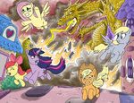  apple_bloom_(mlp) applebloom_(mlp) applejack_(mlp) building bush crying cub cutie_mark derpy_hooves_(mlp) destruction dragon equine fangs fear female feral fire fluttershy_(mlp) flying friendship_is_magic godzilla_(series) hat horn horse kaiju king_ghidorah male mammal multi_head my_little_pony open_mouth pegasus pony running sam_messerly scalie smoke tears teeth twilight_sparkle_(mlp) unicorn unknown_artist wings young 