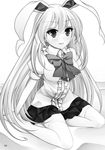  animal_ears bad_id bad_pixiv_id blush bow bunny_ears greyscale long_hair monochrome open_mouth puffy_sleeves reisen_udongein_inaba short_sleeves sitting smile solo suzume_miku thighhighs touhou very_long_hair 