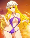  blonde_hair breasts bug_(artist) center_opening cleavage cloud collarbone hat hat_ribbon highres large_breasts long_hair ocean red_eyes ribbon sky smile solo sunset swimsuit thighs touhou very_long_hair wide_hips yakumo_yukari 