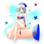  arm_support bare_legs barefoot bikini blush breasts cleavage collarbone crossed_legs front-tie_top hat large_breasts legs long_hair long_legs open_mouth osashin_(osada) red_cross shiny shiny_skin side-tie_bikini sideboob silver_hair sitting smile solo strap_gap swimsuit syringe thighs touhou very_long_hair yagokoro yagokoro_eirin 