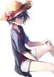  :p black_hair blue_eyes earrings en@rain flower hat hat_flower hat_ribbon highres jewelry looking_at_viewer necklace original ribbon short_hair short_shorts shorts solo straw_hat tongue tongue_out white_background 
