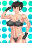  1girl black_hair blush breasts daimon_akiko erect_nipples ero-chong fingerless_gloves gloves headband highres large_breasts muscle ponytail solo taisen_hot_gimmick wink yellow_eyes 