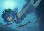  air_bubble blue_eyes blue_hair breath bubble diving fish freediving hair_bobbles hair_ornament hat kawashiro_nitori key kuro_oolong looking_at_viewer sleeveless smile solo swimming touhou two_side_up underwater 