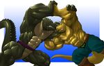  alligator anthro battle belt biceps big_muscles boots clothed clothing crocodile dinosaur duo echin fight half-dressed horn huge_muscles leatherhead male muscles mutant pecs reptile saliva sauropod scalie shoes shorts slob sweat teenage_mutant_ninja_turtles toned topless triceraton triceratops vein veins white_eyes wrestling yellow_eyes 