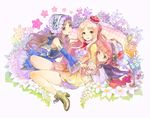  atelier_(series) atelier_meruru atelier_rorona atelier_totori bare_legs blonde_hair bloomers blue_eyes blue_sleeves braid brown_eyes brown_hair cocorip crown detached_sleeves flower full_body grey_eyes half_updo hat long_hair merurulince_rede_arls multiple_girls red_hair rororina_fryxell short_hair skirt smile totooria_helmold underwear white_bloomers 