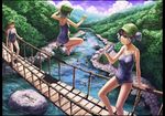  arm_support bad_id bad_pixiv_id bare_legs bare_shoulders bathing blue_eyes blue_hair blue_sky bridge brown_hair can cloud dark_haired_kappa day forest frame glasses glasses_kappa hair_bobbles hair_ornament hanging_bridge hat holding jumping kappa_mob kawashiro_nitori kurione_(zassou) letterboxed lying multiple_girls nature on_back one-piece_swimsuit open_mouth outdoors outstretched_arms ponytail purple_hair resized river rope_bridge scenery school_swimsuit short_hair sky smile soda_can swimsuit tent touhou two_side_up water wooden_bridge 