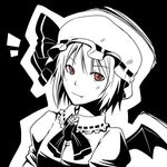  black_background fang greyscale hat lockheart looking_at_viewer monochrome red_eyes remilia_scarlet simple_background smile solo spot_color touhou wings 