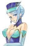 :o bad_id bad_pixiv_id bare_shoulders blue_hair blue_rose_(tiger_&amp;_bunny) blush breasts cleavage crystal_earrings earrings elbow_gloves gloves hat jewelry karina_lyle large_breasts lipstick makeup prime simple_background sketch solo superhero tiger_&amp;_bunny upper_body white_background 