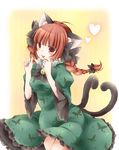  animal_ears braid cat_ears cat_tail heart kaenbyou_rin long_hair long_sleeves multiple_tails open_mouth puffy_sleeves red_hair solo tail tamichan touhou twin_braids wide_sleeves 