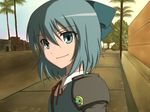  advent_cirno blue_eyes blue_hair bow cirno hair_bow keroro_gunsou looking_at_viewer mm17 short_hair smile solo touhou tree 