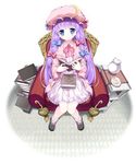  argyle blue_eyes blush book chair crescent cup dress full_body hat highres holding holding_book long_hair looking_at_viewer open_book patchouli_knowledge pikazo plate purple_hair sitting solo teacup teapot touhou 