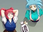  arms_behind_head bad_id bad_pixiv_id blue_hair bottle cr4781 crossover hair_bobbles hair_ornament multiple_girls one_eye_closed onozuka_komachi red_eyes red_hair ryouko_(tenchi_muyou!) sake_bottle short_hair smile spiked_hair tenchi_muyou! through_wall touhou two_side_up yellow_eyes 