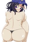  ass back backboob black_hair blush breasts highres himenomikan large_breasts looking_at_viewer miyako_yoshika ofuda panties purple_eyes shiny shiny_skin solo squatting thong touhou underwear 