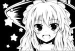  greyscale hat kirisame_marisa lockheart long_hair looking_at_viewer monochrome open_mouth smile solo star touhou 