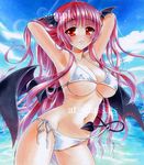  armpits arms_up at_classics bikini blush breasts demon_tail demon_wings fisheye koakuma large_breasts long_hair looking_at_viewer marker_(medium) navel pose red_eyes red_hair sample side-tie_bikini skindentation solo swimsuit tail touhou traditional_media underboob untied verocean wings 