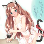  angry animal_ears apron areola_slip areolae blush brown_hair cat_ears cat_tail cup drinking_glass drinking_straw fake_animal_ears fang flat_chest green_eyes long_hair looking_at_viewer minazuki_sarami naked_apron open_mouth original peko ribbon solo tail tail_ribbon translated 