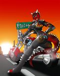 anthro big_breasts breasts carnotaurus cleavage dinosaur english_text fang_matos female horn looking_at_viewer lordstevie motorcycle scalie sun sunset text theropod 