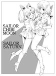  back_bow bishoujo_senshi_sailor_moon boots bow brooch character_name chibi_usa choker closed_eyes full_body greyscale hair_ornament hairpin highres holding_hands jewelry knee_boots lineart magical_girl monochrome moriguchi_nao_(naonao) multiple_girls pleated_skirt ribbon sailor_chibi_moon sailor_saturn sailor_senshi sailor_senshi_uniform short_hair skirt smile tomoe_hotaru twintails 