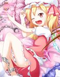 ass blonde_hair candy candy_jar chain chained cuffs fang flandre_scarlet food hat hat_ribbon highres lying makuran no_panties on_side one_eye_closed open_mouth pillow red_eyes ribbon shackles shirt side_ponytail skirt slit_pupils solo touhou wings 