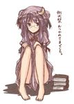  barefoot bespectacled full_body glasses hat lockheart long_hair looking_at_viewer patchouli_knowledge simple_background sitting sketch solo touhou translated white_background 