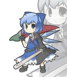  adapted_costume advent_cirno bad_id bad_pixiv_id blue_hair bow cirno detached_wings dual_wielding hair_bow highres holding ice ice_wings long_sleeves short_hair short_sleeves solo standing sword touhou weapon wings yuasan 