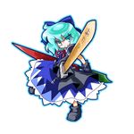  adapted_costume advent_cirno aqua_eyes aqua_hair blue_hair bow chisato_(team_makeinu) cirno dual_wielding gloves hair_bow holding long_sleeves short_hair smile solo sword touhou weapon white_background wide_sleeves 