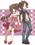  1girl alternate_costume bare_legs blue_eyes brown_eyes brown_hair couple double_bun dress hetero holding_hands irouha jacket kyouhei_(pokemon) long_hair looking_at_viewer mei_(pokemon) pokemon pokemon_(game) pokemon_bw2 pokewood ribbon short_hair smile twintails very_long_hair wristband 